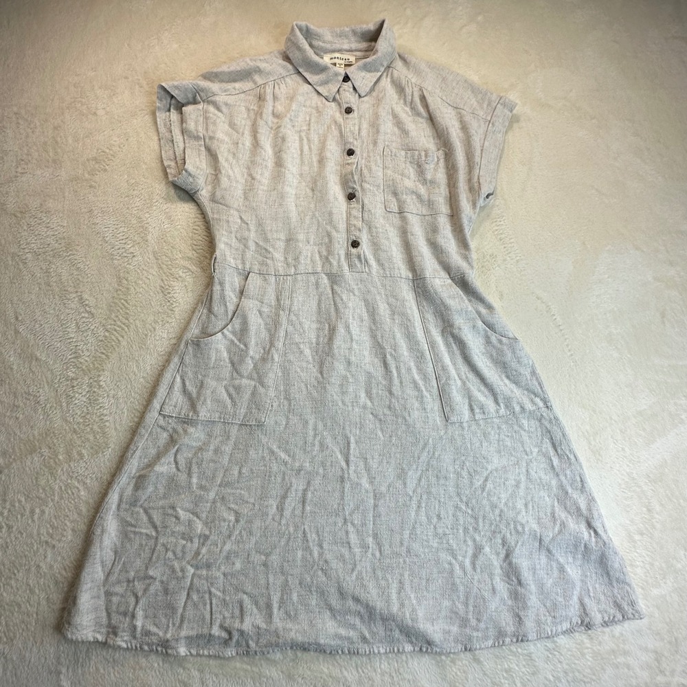 Monteau Los Angeles Linen Blend Shirt Dress Beige Short Sleeve Pocket Large